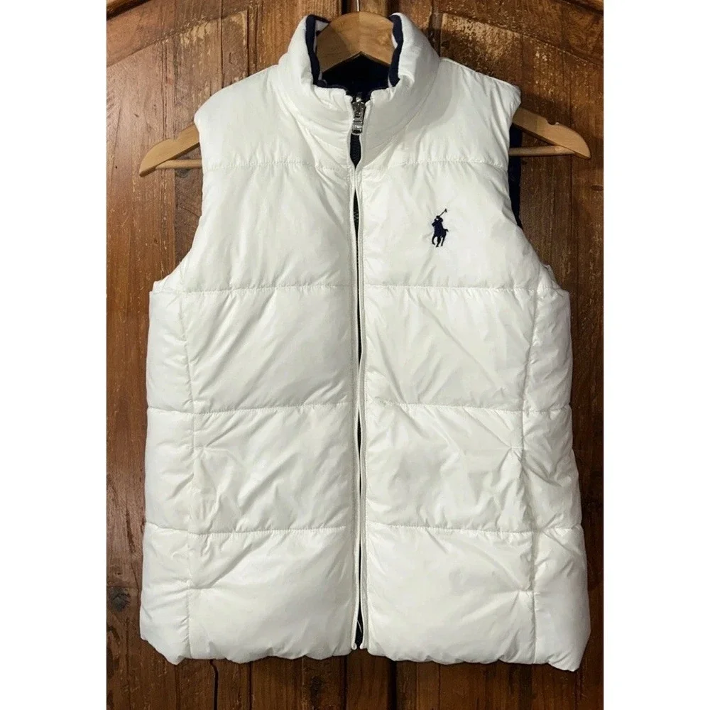 Boys Polo Ralph Lauren Down Vest Puffer Navy Blue/ White REVERSIBLE Large 12/14